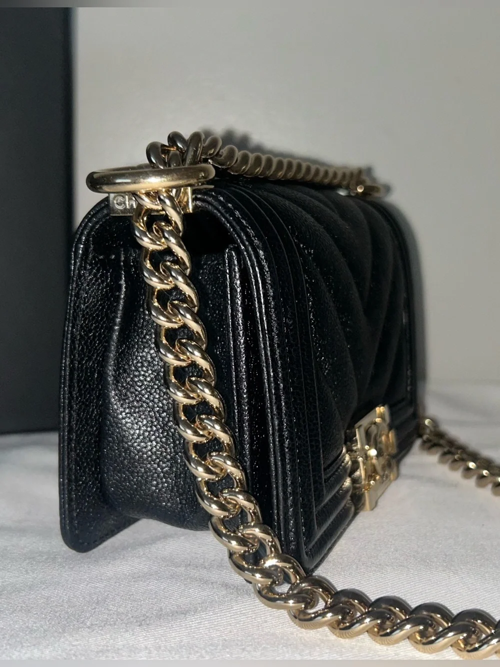 CHANEL Mini Boy Flap Bag Caviar Chevron Quilted Black/Gold
